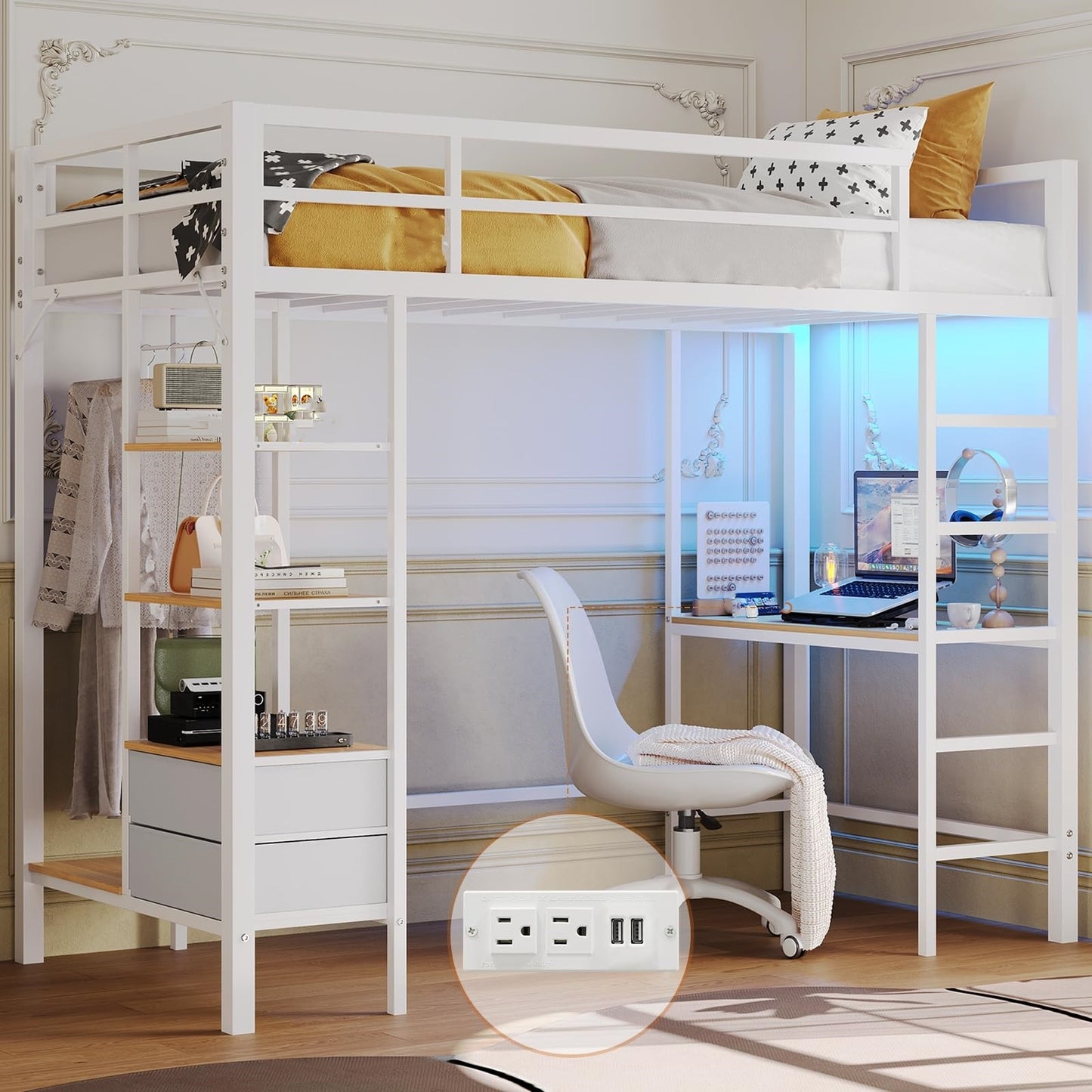 Twin Size Loft Bed Frame with Desk and LED Lights, Metal Bed with Charging Station, Safety Guard and Ladder, White