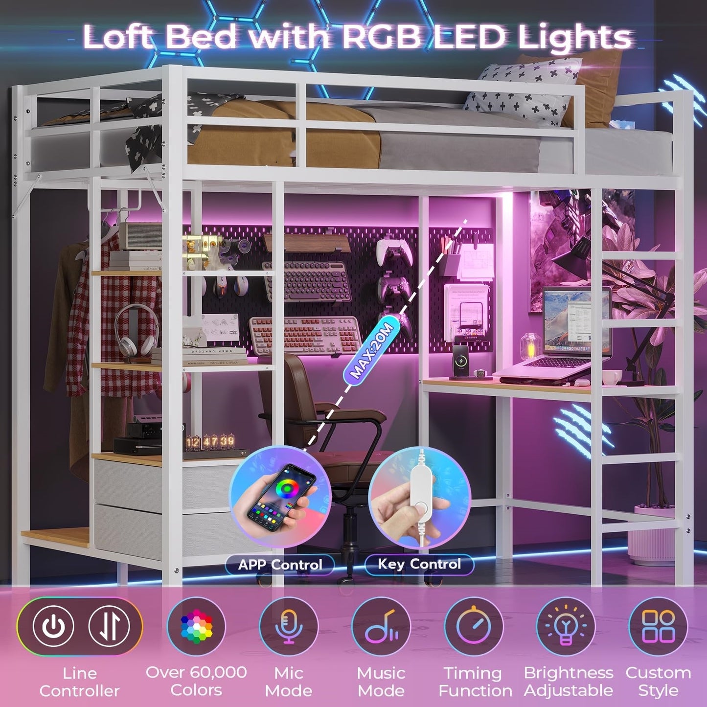 Twin Size Loft Bed Frame with Desk and LED Lights, Metal Bed with Charging Station, Safety Guard and Ladder, White