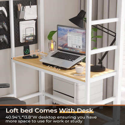 Twin Size Loft Bed Frame with Desk and LED Lights, Metal Bed with Charging Station, Safety Guard and Ladder, White