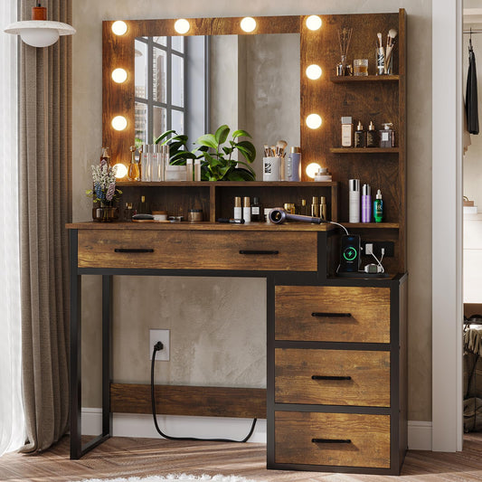 Makeup Table with Charging Station, 10 LED Lights, Rustic Brown