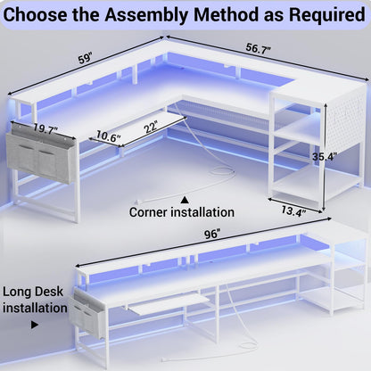L Shaped Desk with LED Light and Power Outlet, Reversible Corner Computer Desk, White
