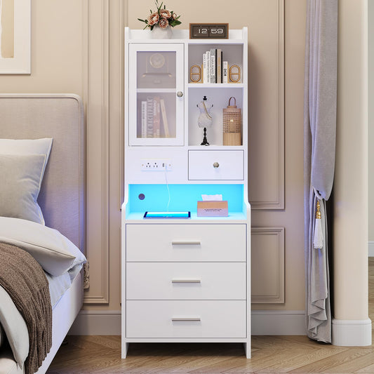 LED Tall Nightstand with Charging Station, Bedside Table with Glass Door and Drawer, White