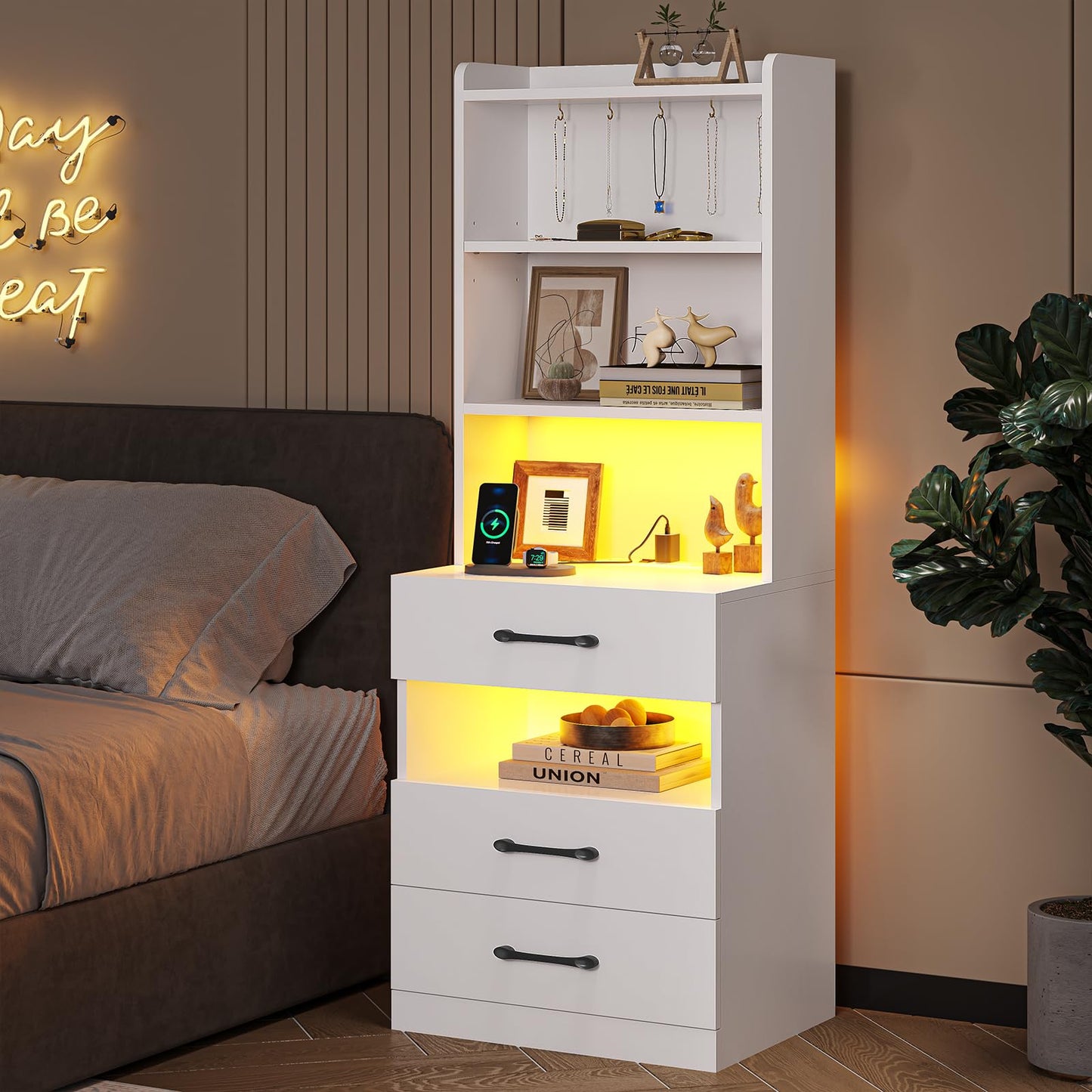 Tall Nightstand Set of 2 with Charging Station and LED Lights, Modern Bedside Table with Bookshelf and 3 Drawers, White