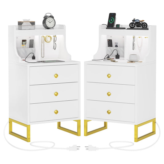 Nightstand Set of 2 with Charging Station and Sensor Light,  White