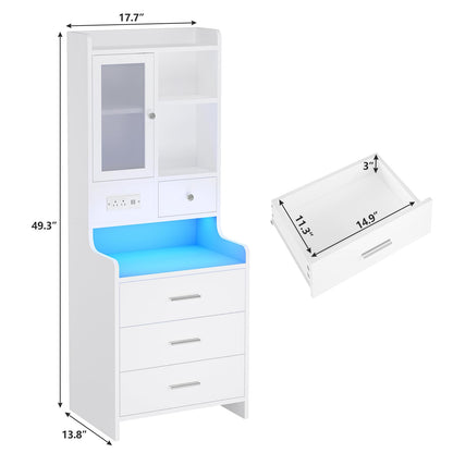 LED Tall Nightstand Set of 2 with Charging Station, Bedside Table with Glass Door and Drawer, White